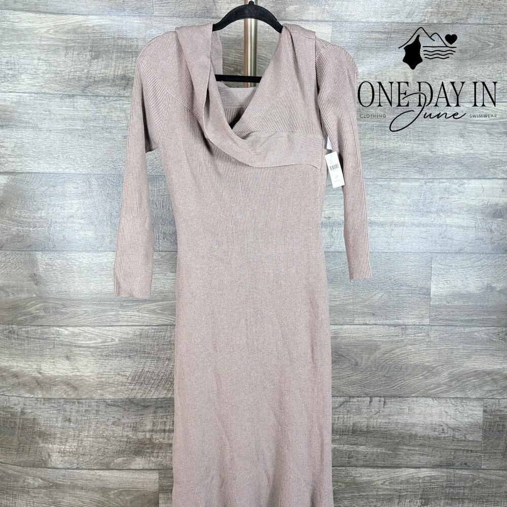 Anthropologie Petite Cowl Neck Ribbed Sweater Midi Dress Taupe NWT Size LP